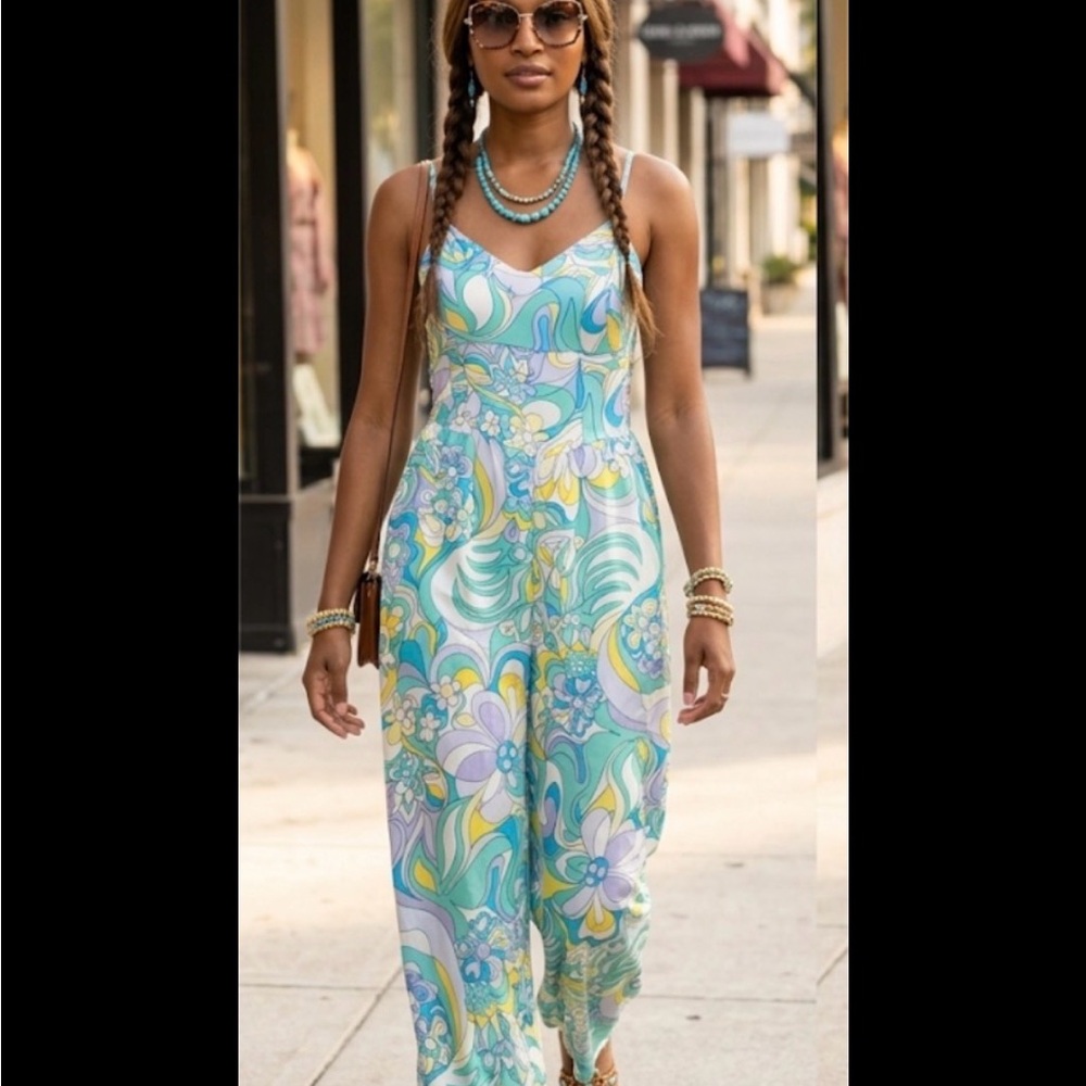 Floral Swirl Wide-Leg Jumpsuit in Aqua & Pastel